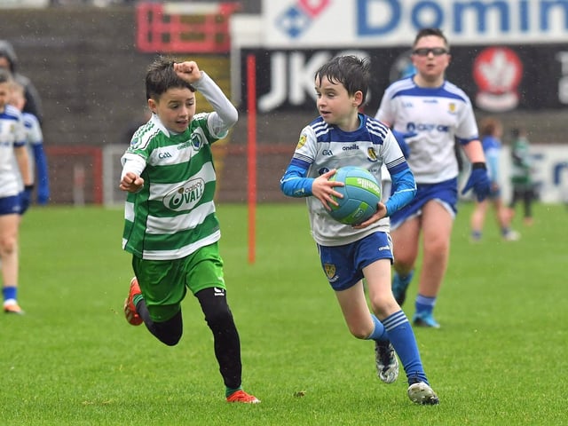 Young footballers from Faughanvale and Ballinderry playing during the SFC final interval at Celtic Park on Sunday afternoon. Photo: George Sweeney