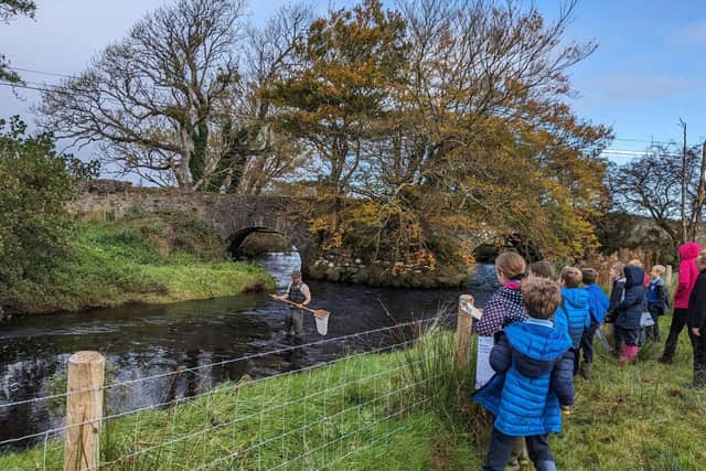 Mill River Conservation Group’s Tomas Lawrance collecting samples from the Culdaff River whilst St. Boden’s pupils watch on.