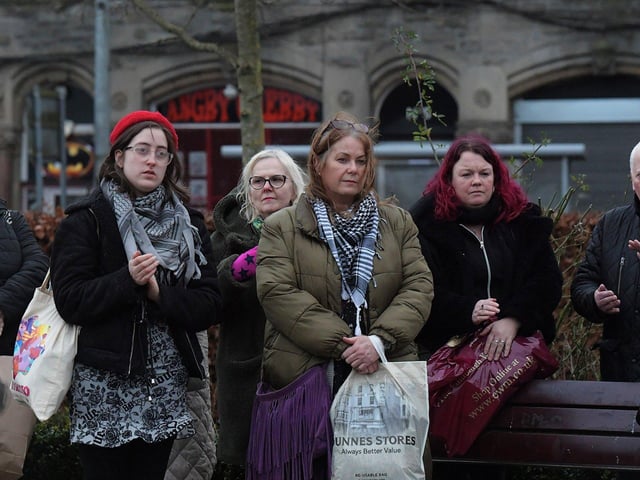 People pictured at the Holocaust Memorial Day vigil for Gaza, in the Peace Garden, on Saturday afternoon. Photo: George Sweeney