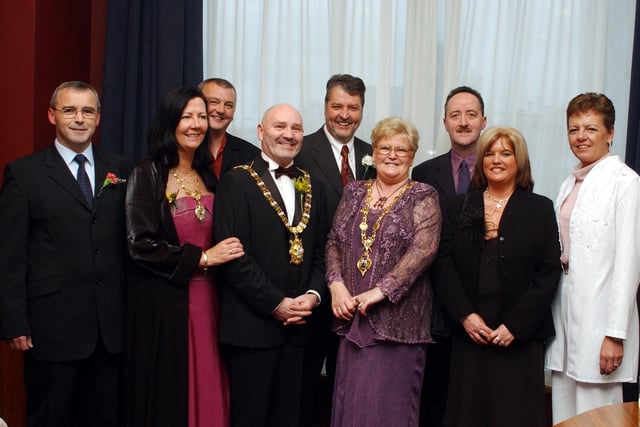Mayor of Derry Councillor Kathleen McCloskey and the Mayor and Mayoress of Belfast Councillor Alex and Liz Maskey with Colr Maskey's local Sinn Fein party members. Included from left are Colr Barney O'Hagan, Colr Paul Fleming, Colr Peter Anderson, Colr Cathal Crumley, Colr Maeve McLaughlin and Colr Lynn Fleming,