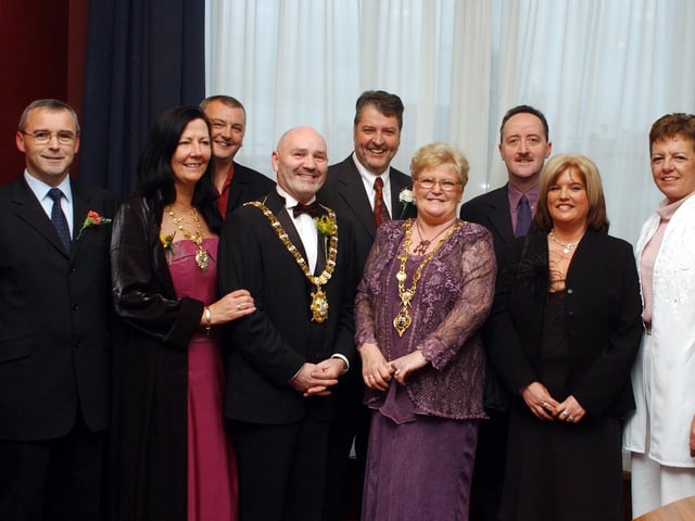 Mayor of Derry Councillor Kathleen McCloskey and the Mayor and Mayoress of Belfast Councillor Alex and Liz Maskey with Colr Maskey's local Sinn Fein party members. Included from left are Colr Barney O'Hagan, Colr Paul Fleming, Colr Peter Anderson, Colr Cathal Crumley, Colr Maeve McLaughlin and Colr Lynn Fleming,