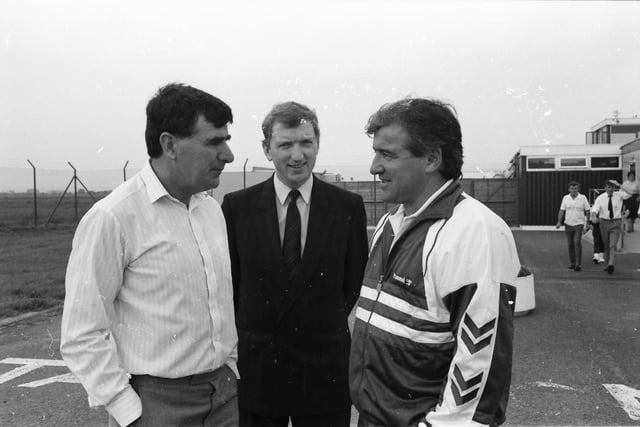 Jim McLaughlin and Terry Venables chat before the match as Ian Doherty looks on.