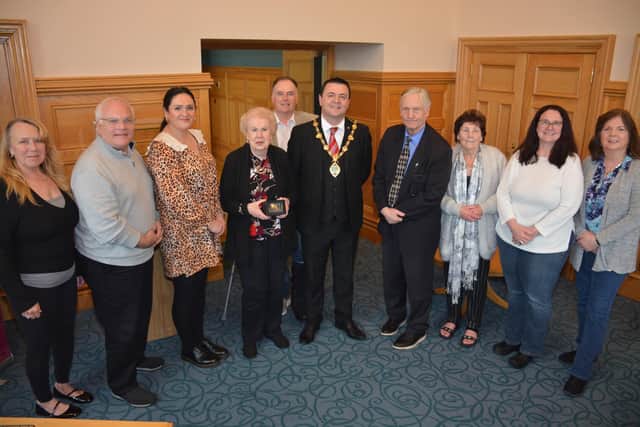 Ladies Ancient Order of Hibernians Sister and frequent visitor to Derry Kathleen Savage being received by Mayor of Derry/Strabane Ruairí McHugh in the Guildhall. Included are friends and fellow LAOH members, Councillor Aisling Hutton, Martin Galvin and Damian McCafferty.