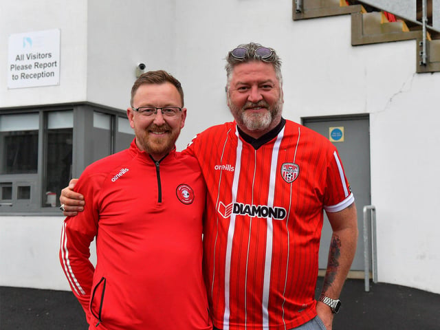 Smiling fans arrive at the Brandywell Stadium for Derry City’s game against Cork City. Photograph: George Sweeney. DER2325GS – 87