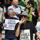 Veteran Civil and Human Rights campaigner Eamonn McCann speaking at the Defend the Right to Protest Rally held in Guildhall Square on Saturday afternoon. Photo: George Sweeney