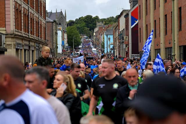 The 2023 Foyle Cup parade makes its way down Great James Street towards Guildhall Square. Photo: George Sweeney. DER2329GS - 17