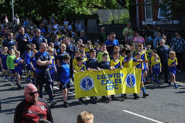 The 2024 Foyle Cup parade makes its way along Northland Road, towards Guildhall Square, on Monday morning. Photo: George Sweeney
