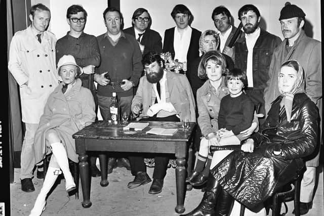 1971… Members of the cast of Derry Theatre Club’s production of ‘The Queen and the Rebels’. Eddie Mailey is pictured standing fourth from left.