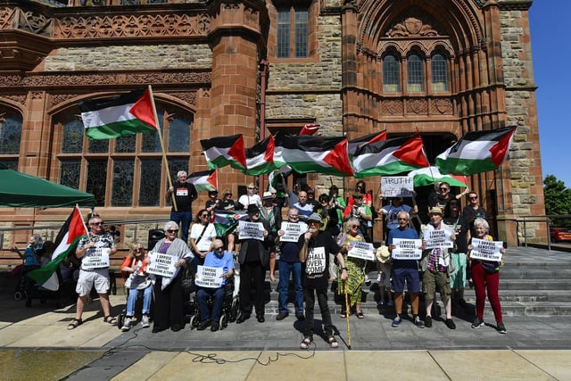 Veteran Civil and Human Rights campaigners and supporters at the Defend the Right to Protest Rally held in Guildhall Square on Saturday afternoon. Photo: George Sweeney