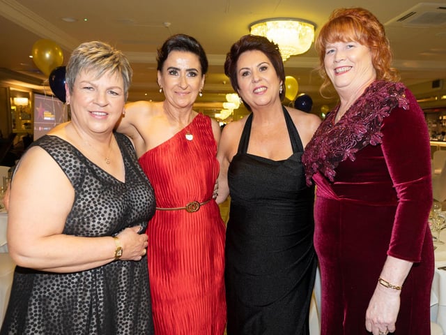 Ailsih Stamp Sharkey, Maeve McGonigle, Deirdre Bradley and Sarah Bromley at the Carndonagh Traders Business and Community Awards in the Ballyliffen Lodge Hotel on Saturday night last. Photo Clive Wasson.