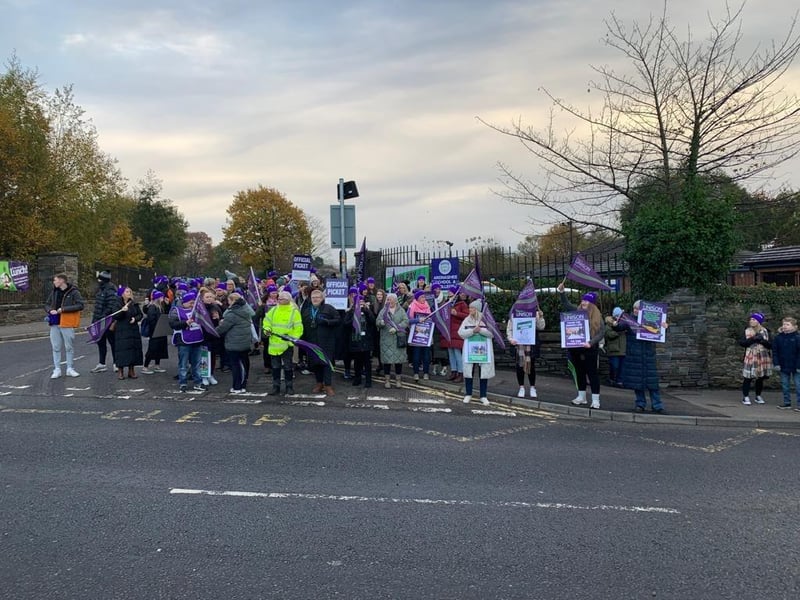 Ardnashee staff on strike outside their school.