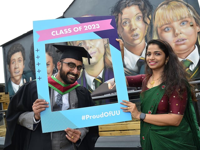 Graduate Ashrith P Murthy and Abhish Hari Graduated in MSc Data Science pictured with Divya S Nair in Derry at the Millennium Forum. Picture By: Arthur Allison/Pacemaker Press.