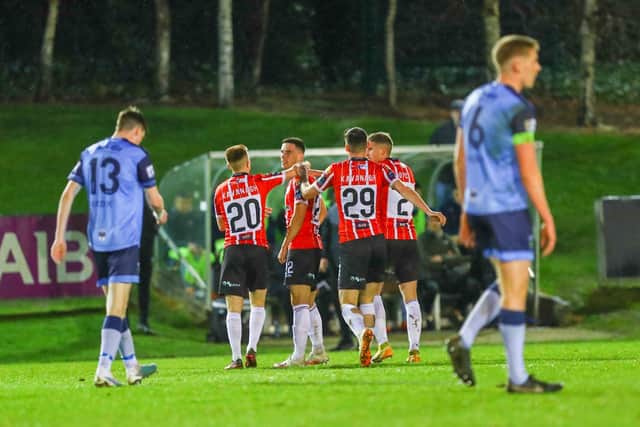 Jordan McEneff celebrates his opening goal against UCD at the Belfield. Photograph by Kevin Moore.