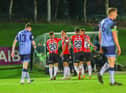 Jordan McEneff celebrates his opening goal against UCD at the Belfield. Photograph by Kevin Moore.