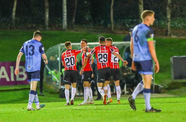 Jordan McEneff celebrates his opening goal against UCD at the Belfield. Photograph by Kevin Moore.