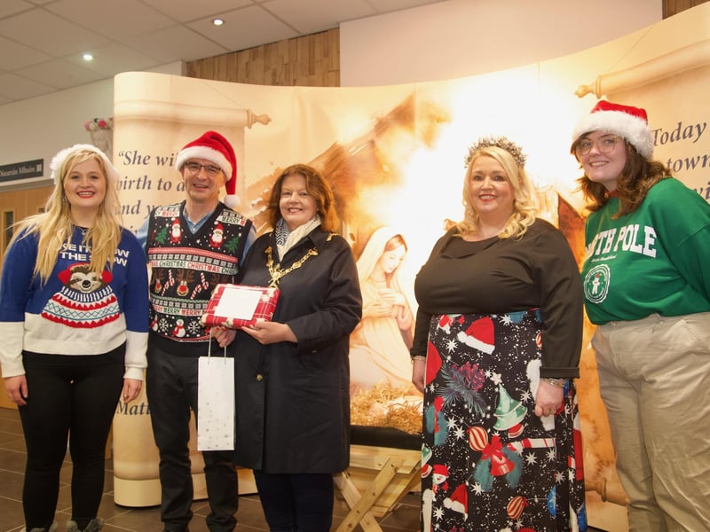 From left to right, Caitlin Kerr, Brendan McGinn, Principal, Derry City and Strabane District Mayor Councillor Patricia Logue, Roisín Rice, Vice-Principal and Emma McCartney at the St. Mary's College Christmas Fair.