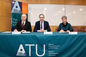 The new Taoiseach Simon Harris, during a visit to the North West with Prof. Paul Bartholomew, Vice Chancellor University of Ulster and Dr. Orla Flynn, President ATU. Photo Clive Wasson