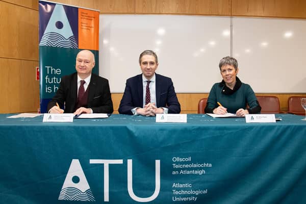 The new Taoiseach Simon Harris, during a visit to the North West with Prof. Paul Bartholomew, Vice Chancellor University of Ulster and Dr. Orla Flynn, President ATU. Photo Clive Wasson