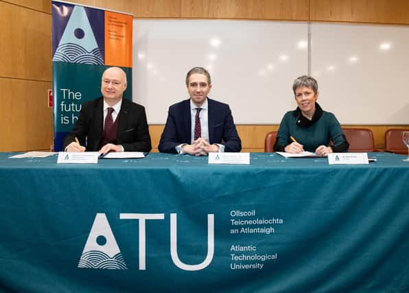The new Taoiseach Simon Harris, during a visit to the North West with Prof. Paul Bartholomew, Vice Chancellor University of Ulster and Dr. Orla Flynn, President ATU. Photo Clive Wasson