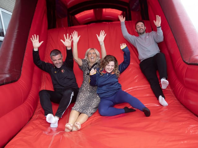 SCHOOL'S OUT FOR SUMMER!!!!. . . . Well at least at Steelstown Primary School on Friday last as teachers Kevin McLaughlin, Catherine McColgan, Rebecca O'Doherty and Rory O'Donnell proved during the School Motto Launch Fun Day. (Photo: Jim McCafferty Photography) : Steelstown Primary School End of Year Fun Day 2025.