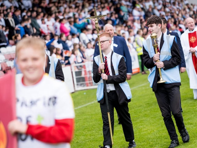 Participants at the Derry Diocese Fan The Flame annual Mass 2025 in Celtic Park.