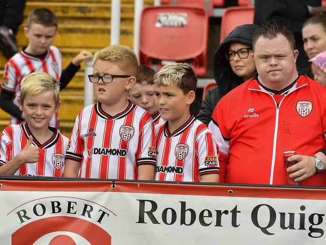 Fans attend the Derry City open training session on Monday morning in Brandywell Stadium. The event was organised at part of the Gasyard Feile. Photo: George Sweeney / Derry Journal