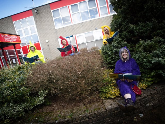 Teletubbies (aka staff) at Steelstown PS pictured on Thursday. From left, Terrie Stewart, Shantelle O'Hara, Emma Melaugh-Kelly and Sarah Brown.