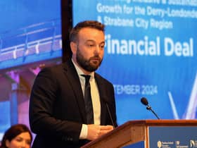 Colum Eastwood MP, speaking at the Signing of the Financial Deal for Derry and Strabane region at the Guildhall recently. Photo: George Sweeney