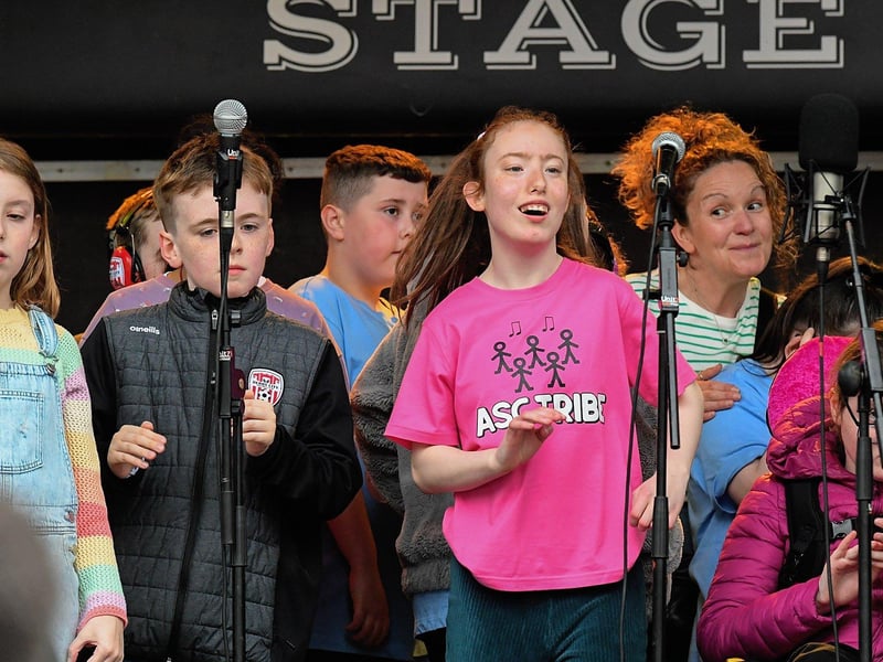 Ardnashee School Choir and Band on stage in Guildhall Square. Photo: George Sweeney