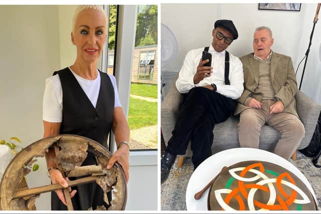 Left: Catherine Bradley with the bodhrán before it was restored. Right: Jackie McGuinness and Repair Shop presenter Jay Blades during filming for the show with the restored bodhrán built by Jackie's late son Seamus.