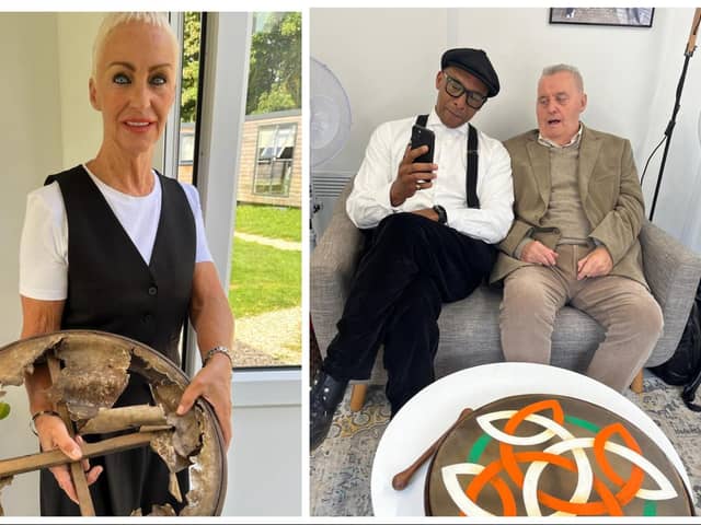 Left: Catherine Bradley with the bodhrán before it was restored. Right: Jackie McGuinness and Repair Shop presenter Jay Blades during filming for the show with the restored bodhrán built by Jackie's late son Seamus.