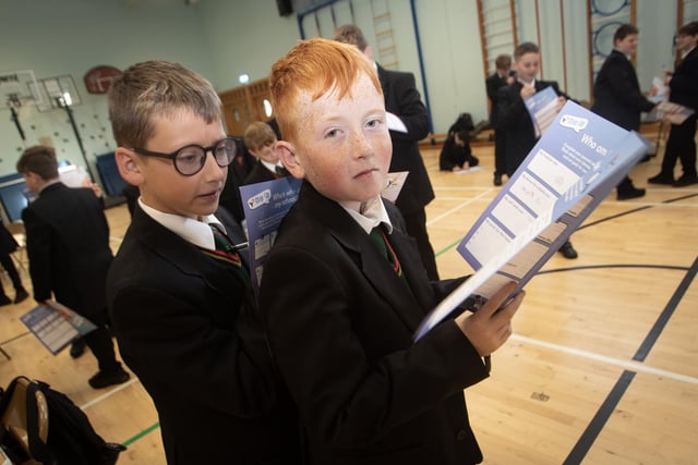 Year 8 students Conor Lannigan and David McKenna taking part in one of the exercises during Tuesday's Young Enterprise workshops at St. Joseph's Boys School.