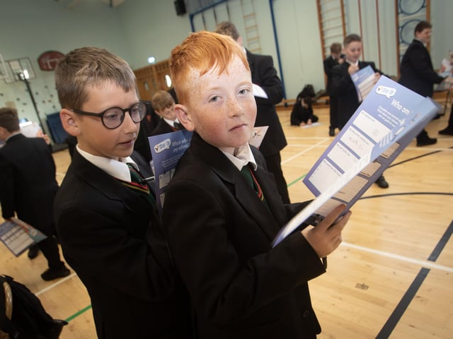 Year 8 students Conor Lannigan and David McKenna taking part in one of the exercises during Tuesday's Young Enterprise workshops at St. Joseph's Boys School.