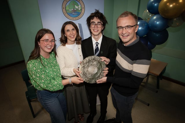 PROUD PARENTS. . . . .Jack McGinn, winner of the Bishop Farren Memorial Prize, awarded to the student obtaining the highest points score in St Columb’s College over his Best Ten Subjects at GCSE. Included are parents Kay and Brendan and sister Ava.. (Photos: Jim McCafferty Photography)