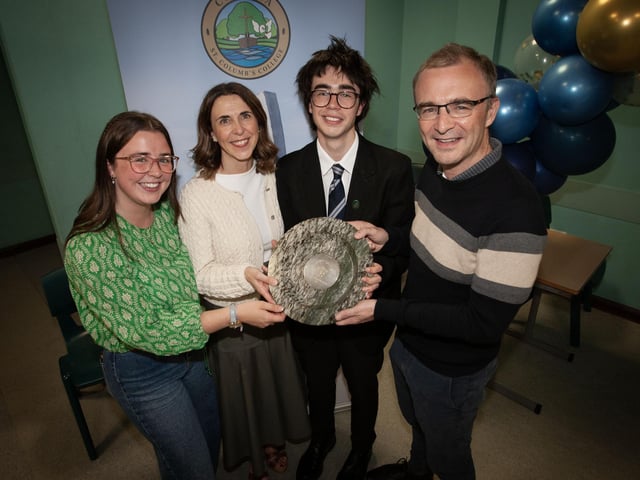 PROUD PARENTS. . . . .Jack McGinn, winner of the Bishop Farren Memorial Prize, awarded to the student obtaining the highest points score in St Columb’s College over his Best Ten Subjects at GCSE. Included are parents Kay and Brendan and sister Ava.. (Photos: Jim McCafferty Photography)