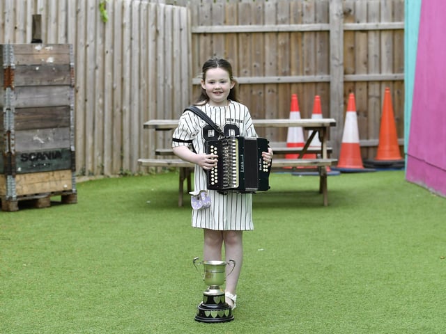 Fiadh Mc Cauley,CCÉ Baile na gCailleach, achieved First  place Instruments U9 and Second place Tin Whistle U9 at the recent Feis Dhoire Cholmcille. Photo: George Sweeney