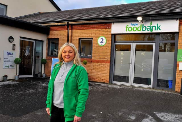 Karen Mullan, Strategic Development Officer, pictured outside the Foyle Foodbank distribution Centre in Springtown Industrial Estate on Wednesday morning. Photo: George Sweeney. DER2250GS – 29