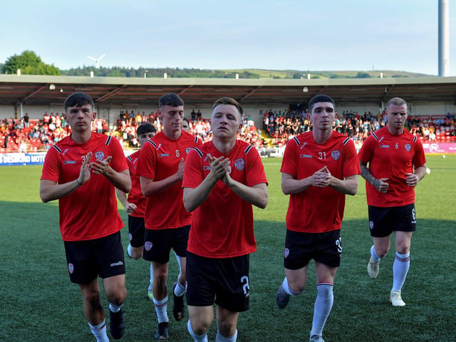 Derry players return to the changing rooms after a warmup prior to the game against Bohemian on Friday evening. Photo: George Sweeney. DER2322GS – 149