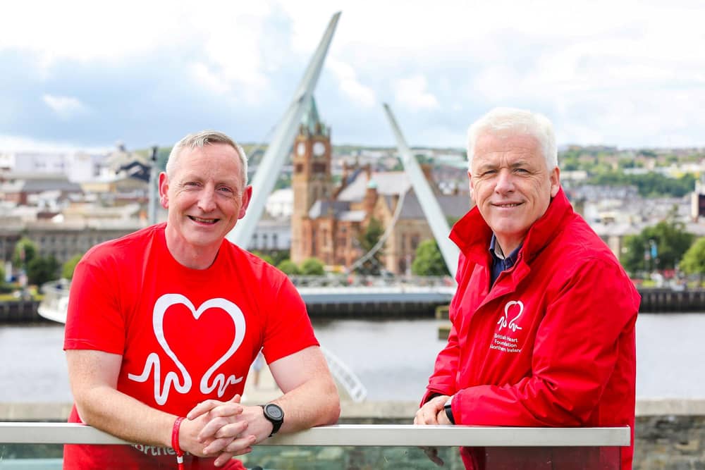 Alex Magee from Derry is taking on a one million step challenge for British Heart Foundation NI. The 46-year-old University lecturer suffered 2 cardiac arrests and is now walking the equivalent distance of the length and breadth of Ireland, approximately 470 miles during July and August to raise funds for BHF NI and is encouraging people in the local community to join him. Pictured with Alex is Fearghal McKinney, head of BHF NI.