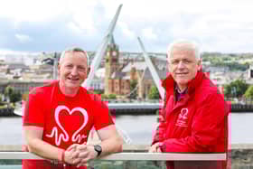 Alex Magee from Derry is taking on a one million step challenge for British Heart Foundation NI. The 46-year-old University lecturer suffered 2 cardiac arrests and is now walking the equivalent distance of the length and breadth of Ireland, approximately 470 miles during July and August to raise funds for BHF NI and is encouraging people in the local community to join him. Pictured with Alex is Fearghal McKinney, head of BHF NI.