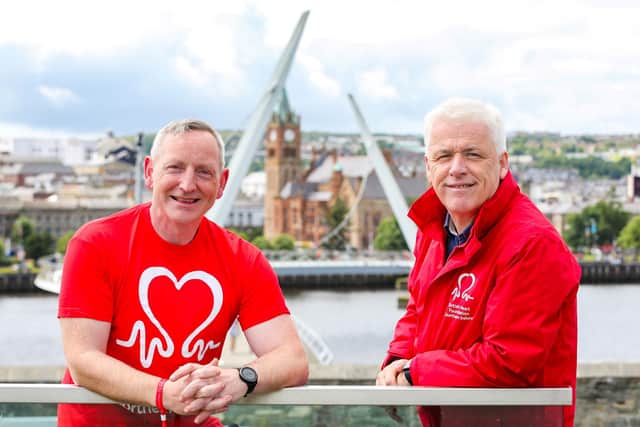 Alex Magee from Derry is taking on a one million step challenge for British Heart Foundation NI. The 46-year-old University lecturer suffered 2 cardiac arrests and is now walking the equivalent distance of the length and breadth of Ireland, approximately 470 miles during July and August to raise funds for BHF NI and is encouraging people in the local community to join him. Pictured with Alex is Fearghal McKinney, head of BHF NI.