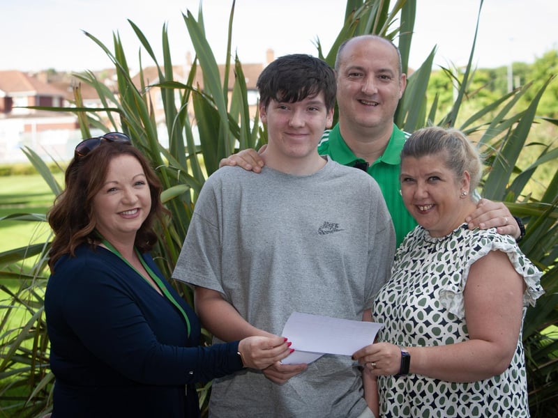 Sean Doherty, St. Joseph's Boys School receiving his A Level results on Thursday morning. Included is Mrs. MaryJo Shiels, SMT, and his parents Peter and Stella.