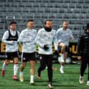 Derry City players Adam O' Reilly, Danny Mullen and Paul McMullan and Strength and Conditioning coach Danny Doherty.Photograph: George Sweeney