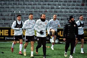 Derry City players Adam O' Reilly, Danny Mullen and Paul McMullan and Strength and Conditioning coach Danny Doherty.Photograph: George Sweeney
