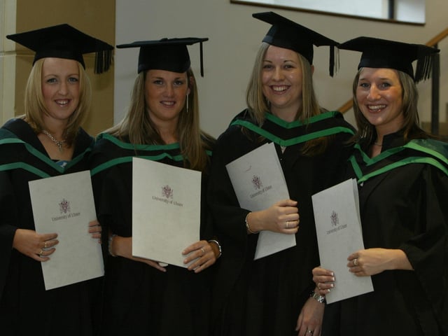 Charlene Roberts, Michelle McLaughlin, Jennifer Johnston and Clare Doherty who were conferred with their degree in Computing Science. (1107JB51)