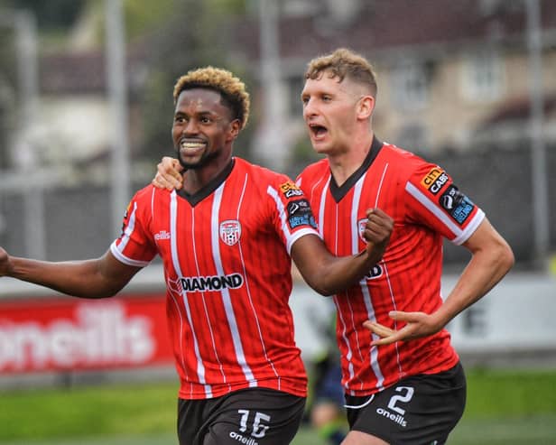 Derry City's Sadou Diallo celebrates his goal, against HB Torshavn, with Ronan Boyce Photo: George Sweeney.