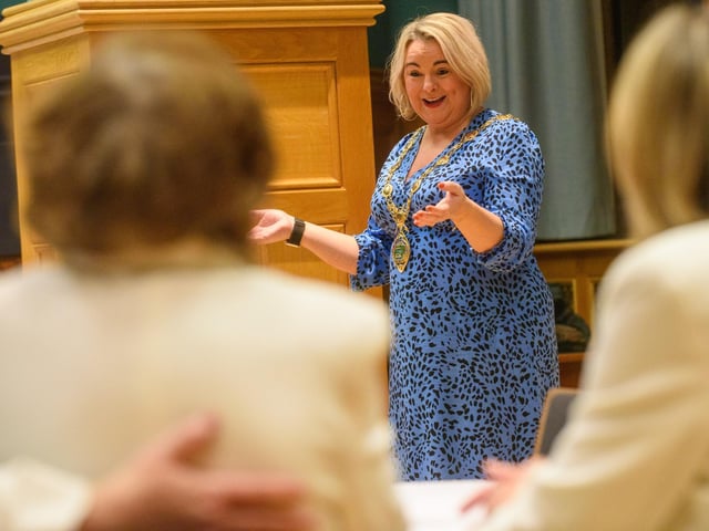 The Mayor Councillor Sandra Duffy welcomed the members of Colmcille Ladies Choir to a reception in the Guildhall as they mark their 50th Anniversary. Picture Martin McKeown. 20.01.23:.
