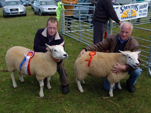 Rodney and Peter McLaughlin, winner fo the Ewe Lamb, Overall aged Lamb and Texel Confined at Clonmany Show. (0508A14) : Clonmany Festival, Vintage Show, Agricultural Show and Raft Race in August 2005.