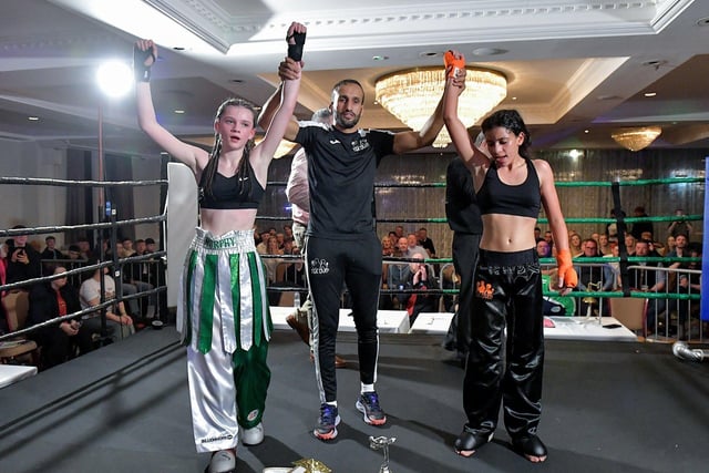 Top Ring Gym’s Annie Murphy defeated Baltoufa Manel, Tek Gym France, to win the  WKU Pro-Am World Title on Saturday evening last in the Everglades Hotel. Photo: George Sweeney.  DER2312GS – 65