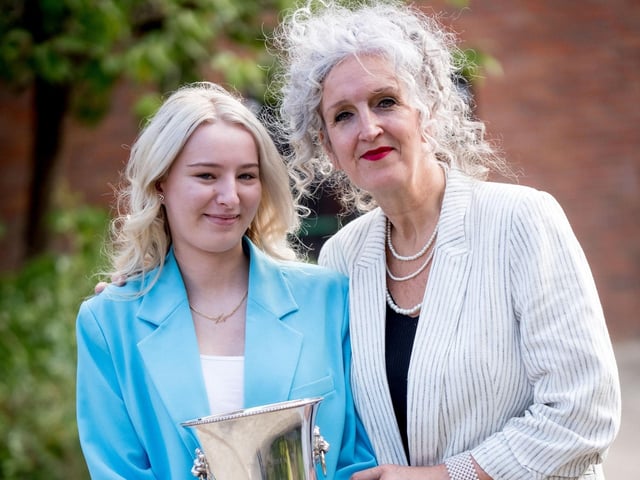 Kyna McGuinness (winner of The Crossan Cup for Outstanding Achievement in the Humanities) and Ms Sharon Mallett (Principal).